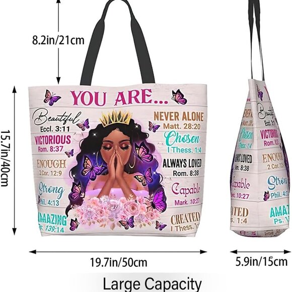 African American Queen Handbag Black Polyester Large Tote Water-Repellent - Picture 4 of 8